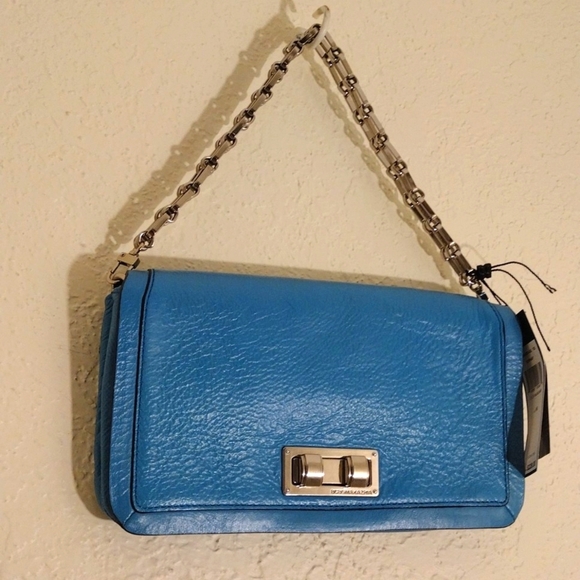 BCBGMaxAzria Sophia Blue Jade Leather Small Handbag With Chain Strap - Picture 9 of 10